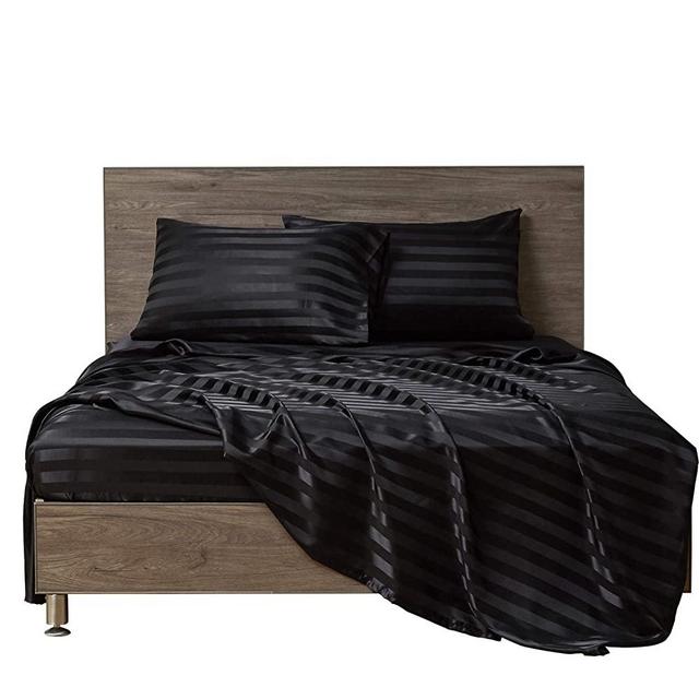 MR&HM Satin Bed Sheets, King Size Sheets Set, 4 Pcs Silky Bedding Set with 15 Inches Deep Pocket for Mattress(King, Black Striped)