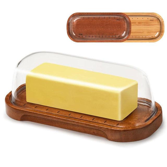 Butter Dish with Lid, Butter Container Holds for East/West Coast Butter, Butter Holder for Counter, Bamboo Wood Butter Tray with Lid Fridge