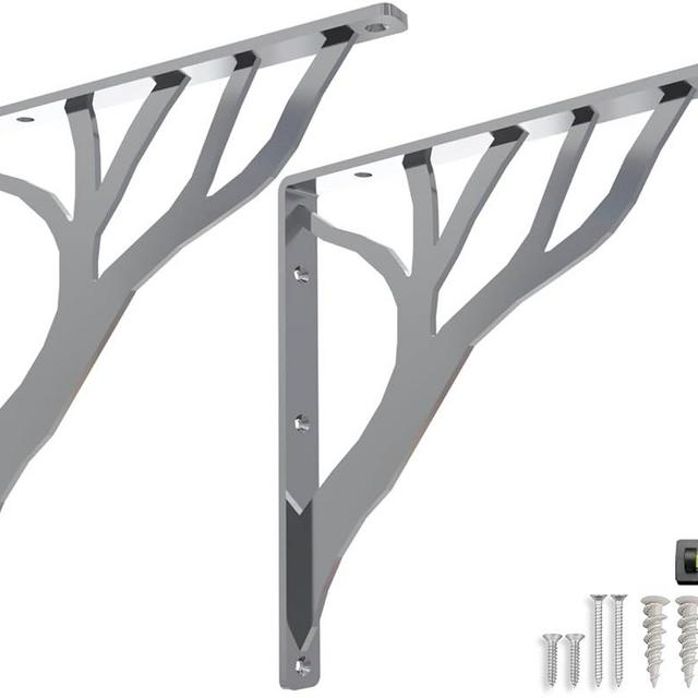 Rustic Tree Shelf L Brackets by Balin Designs (Chrome) for 12 inch - 14 inch Shelves - Heavy-Duty Decorative Metal Mantel Bracket Supports - Easy Installation with Included Hardware - Set of 2