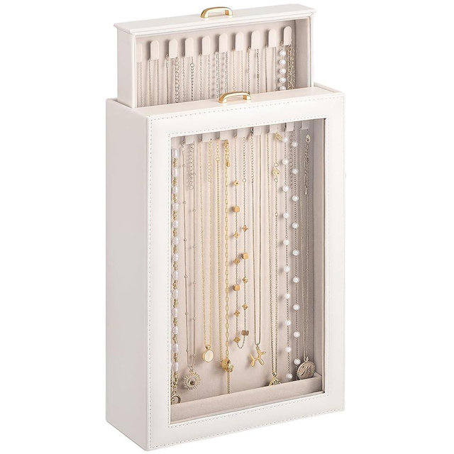 Lolalet Necklace Organizer Box, Jewelry Storage Box with Clear Window for Necklaces Bracelets, Tangle-Free Necklace Display Case for Women Girls, White, 2 Layers 20 Hooks