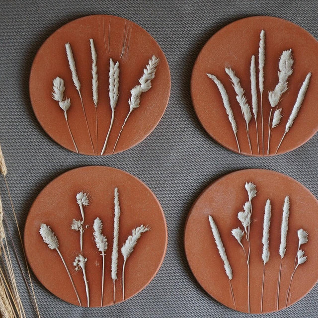 Unique Floral Coaster Set of 4, Wild Flower Terracotta Coasters, Dried Flower Imprint on Ceramic Tile, Plant Lover Present