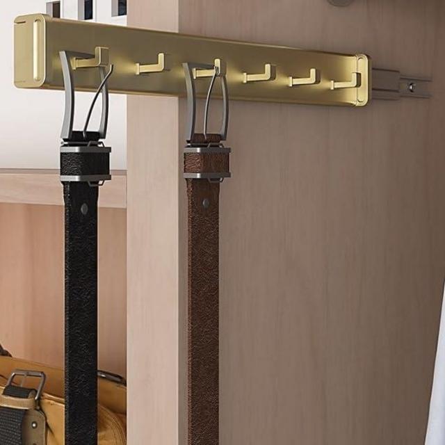 6-Hook Designer Wardrobe Reversible 13.75" Length Closet Belt Rack with 12" Retractable Pullout Extension and Installation Hardware (Matte Brass)