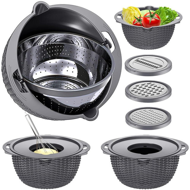 4-1 Colander with Bowl Set - Pasta Strainer - Colander for Kitchen - Strainers and Colanders Rice Strainer Fruit Cleaner Veggie Wash Sink Strainer Kitchen Essentials - Dark Grey