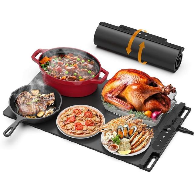 Electric Warming Mat for Food - Full Surface Fast Heating Silicone Tray with 3-Level Temperature, Auto-Off, Raised Feet for Table Protection, Versatile Warmer for Gatherings, Parties, Buffets, Black