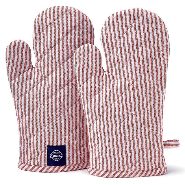 Encasa Homes Long 12"x7" Oven Microwave Hand Gloves Mitts (2 pc Set) for Kitchen Cooking & Baking - Heat Resistant, Thick & Safe, Protection of Hands from Hot Utensils - Ticking Red