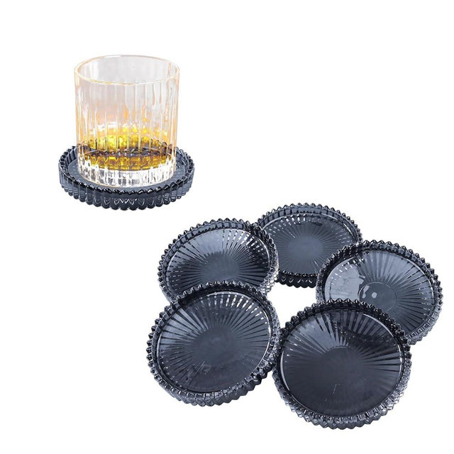 Jollyhilan Glass Coaster 6 Pack Round Cup Coasters for Drinks,Crystal Coffee Coaster,Stylish Drink Coasters for Kitchen Bar Dining Room Living Room Office Decor and Jewelry Storage,Gray