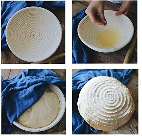 9 Inch Round Banneton Bread Proofing Basket for Rising Dough Professional Baking Tool 7 Pack Set - Brotform & Linen Liner & Bread Bag & Bread Lame & Scraper & Stencils & Recipe for Home Bakers