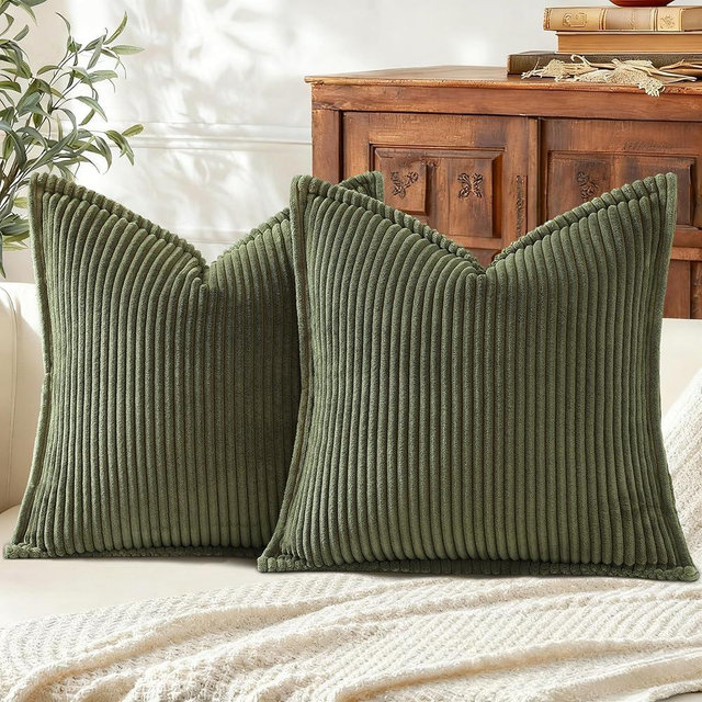 Mecatny Corduroy Throw Pillow Covers 18x18 Set of 2, Neutral Decorative Soft Boho Couch Pillow Covers with Broadside for Sofa Living Room, Olive Green
