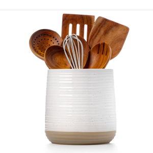 6.8" Large Ceramic Kitchen Utensil Holder - Utensil Holder for Kitchen Counter, Modern Farmhouse Style Holder for Spoons, Spatulas & Cooking Tools (White)