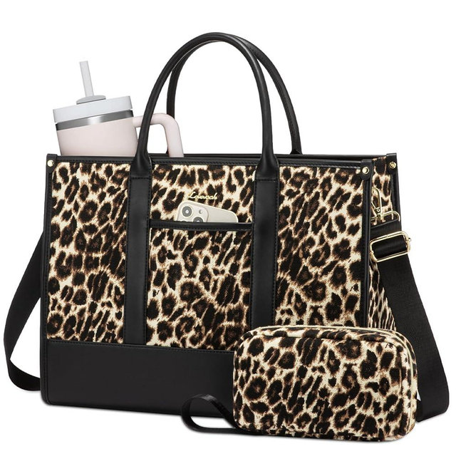LOVEVOOK Laptop Tote Bags for Women Canvas Work Bag 15.6 inch Large Professional Teacher Purse Lightweight Computer Bag Briefcase Business Office, Leopard-black
