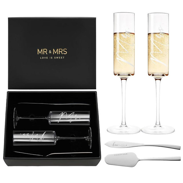 AW BRIDAL Engagement Bridal Shower Wedding Gifts for Newlywed Couples 2025, Anniversary Mr Mrs Champagne Flutes Toasting Glasses, Wedding Silver Cake Knife and Server Set with Gift Box for Bride Groom