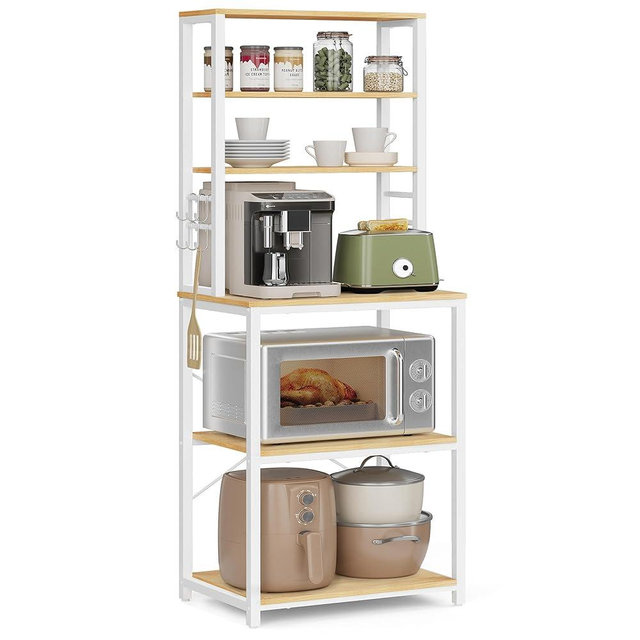 VASAGLE Coffee Bar, Baker’s Rack for Kitchen with Storage, 6-Tier Kitchen Shelves with 6 Hooks, Microwave Stand, Industrial, 15.7 x 23.6 x 65.7 Inches, Oak Color and White UKKS024W09