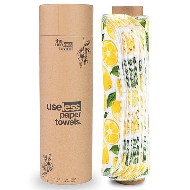 The Useless Brand Reusable Paper Towels Roll | 12 Eco Friendly Washable Cotton Flannel Towels w/ Cardboard Roll | Zero Waste & Sustainable | Fits on All Holders (Lemons, 12 Towels)
