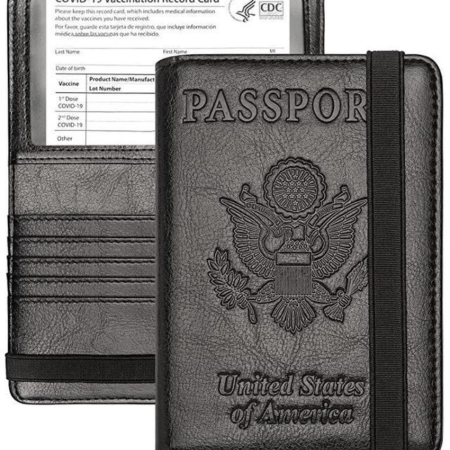 Passport and Vaccine Card Holder Combo, Cover Case with CDC Vaccination Card Slot, Leather Travel Documents Organizer Protector, with RFID Blocking (Black, Classic)