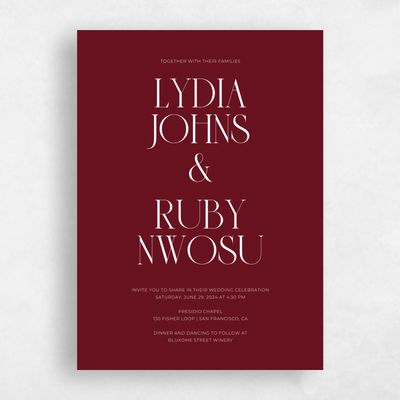 Dark Burgundy, Red Wedding Invitation - Amberley Portrait
