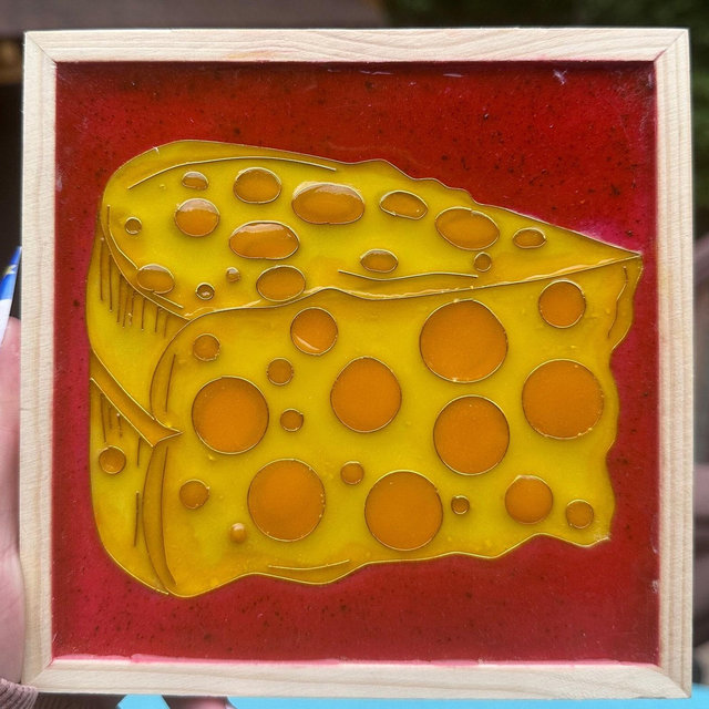 Mixed Media Cloisonné Style Painting - “ Cheese and Jam “ , Charcuterie Art, Swiss Cheese Art, Unique Food Art, Culinary Art, Kitchen Decor