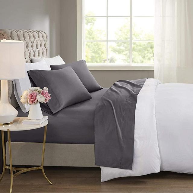 Beautyrest BR 600 TC Cooling Cotton Blend Solid Sheet 16 Inch Deep Pocket Hypoallergenic, All Season, Soft Bedding-Set, Matching Pillow Case, Queen, Charcoal 4 Piece