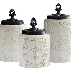American Atelier 3-Piece White Fleur de Lis Canister Set
