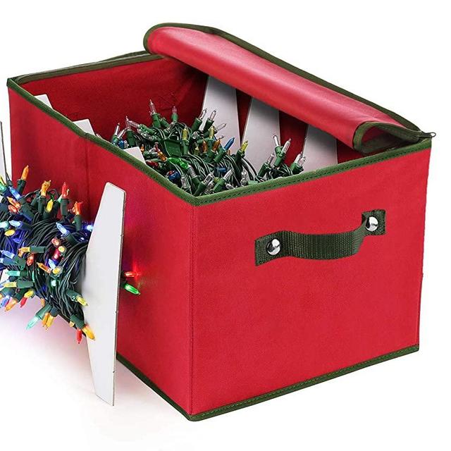 Christmas Light Storage Box–Non-Woven Fabric with 4 Cardboard Light Storage Wraps, to Store Up to 800 Holiday Light Bulbs; Includes Durable Zipper & Reinforced Stitched Handles