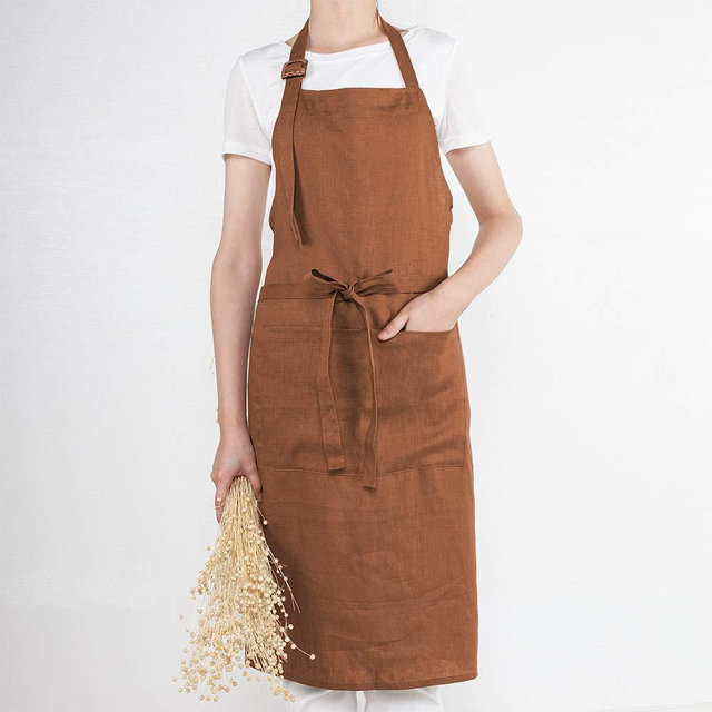 ATLINIA 100% Linen Apron with Buttons Adjustable Bib Apron with Pockets Linen Half Apron Bistro Apron
