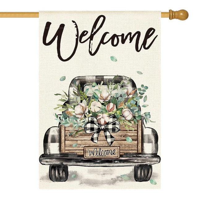 AVOIN colorlife Welcome Spring Truck House Flag 28x40 Inch Double Sided, Cotton Rustic Buffalo Plaid Yard Outdoor Flag
