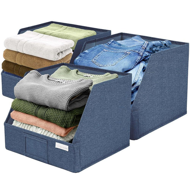 VIVIDECOR Trapezoid Storage Bins – 12x12x10 Fabric Storage Baskets, Collapsible Easy-Access Organiser Boxes for Baby Clothes, Kids Room Organizer – Navy Blue, 3 Pack