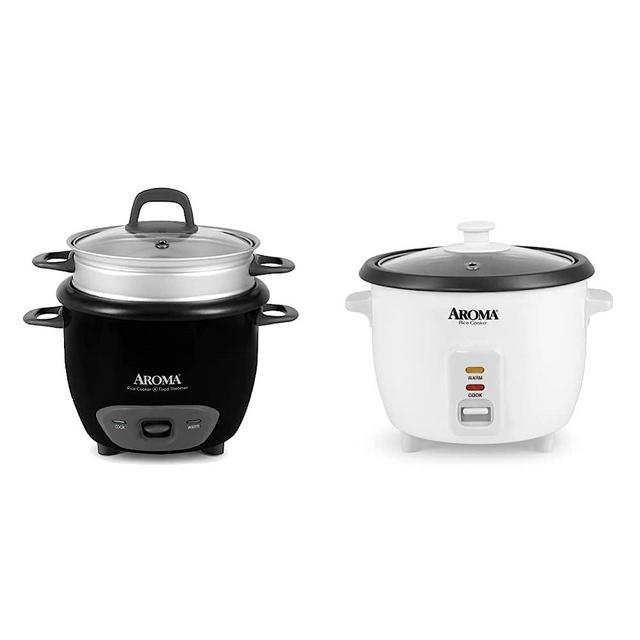 Aroma Housewares 6-Cup (Cooked) Pot-Style Rice Cooker and Food Steamer, Black ARC-743-1NGB & Aroma 6-cup (cooked) 1.5 Qt. One Touch Rice Cooker, White (ARC-363NG), 6 cup cooked/ 3 cup uncook/ 1.5 Qt.