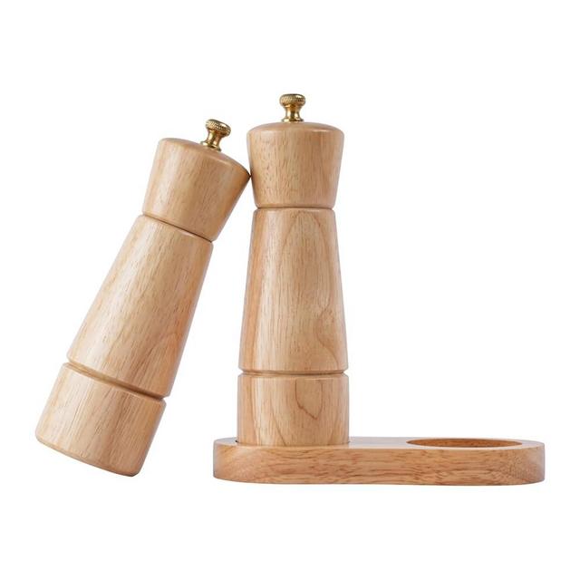 DeroTeno Salt and Pepper Grinder Set with Tray, Adjustable Ceramic Grinder Salt Mill, Stainless Steel Grinder Pepper Mill, Rubber Wood, 16.5 cm / 6 inch Height, Bottom Dia 5 cm (Tray is Included)