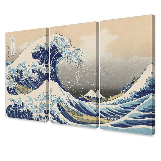 DECORARTS - The Great Wave off Kanagawa(Triptych), Katsushika Hoki. Classic Art Reproduction, Giclee Print On Canvas. Stretched canvas. 48x32