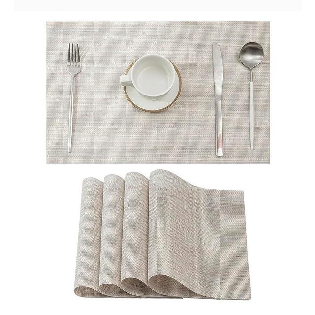 Leetaltree Beige White Placemats Set of 4 - Heat Resistant Non-Slip Place mats for Dining Table, Washable Durable PVC Vinyl Woven Table Mats（Beige White, 4）