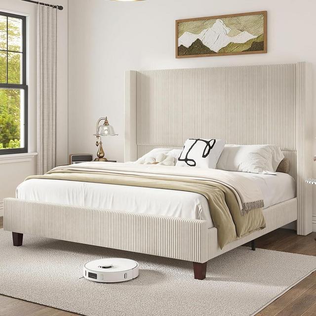 HOWE King Size 61" Corduroy Upholstered Bed Frame, Platform Bed with Vertical Stripe Wingback Headboard, No Box Spring Needed/Noise Free/Solid Wood Slats/Cream