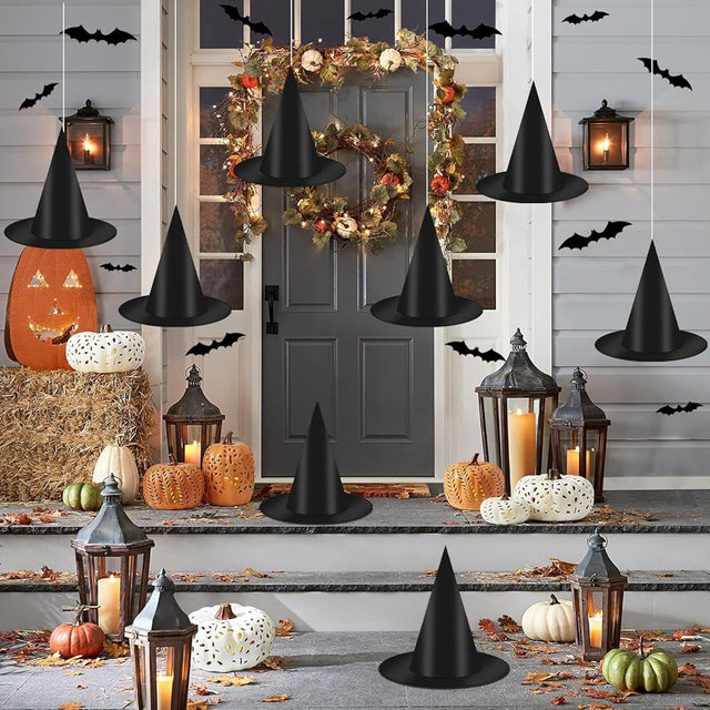 Coneatness 12 PCS Hanging Witch Hats Black/Pink, 16 PCS 3D Bats Stickers for Halloween Indoor Outdoor Decorations