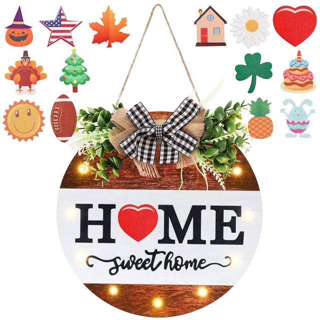 HOMCDALY Interchangeable Welcome Sign for Front Door with 14 Changeable Icons, Door Wreaths for Front Door with 12 LED Lights, Farmhouse Rustic Welcome Door Hanger Wall Sign, Porch Decorations(White)