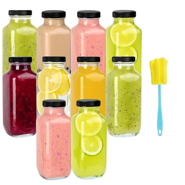 Benestanti 16 Oz Glass Juice Bottles with Lids 6 Set - 360ml Glass Bottles for Juicing - Reusable Juicing Bottles Glass Drinking Jars Containers for Juicing(12fl.oz, Set of 6)