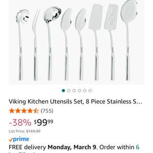 Viking Kitchen Utensils Set, 8 Piece Stainless Steel Cooking Utensil Set, Includes Spatulas, Spoons, Pasta Fork, Deep Ladle, Meat Fork, and Skimmer, Silver