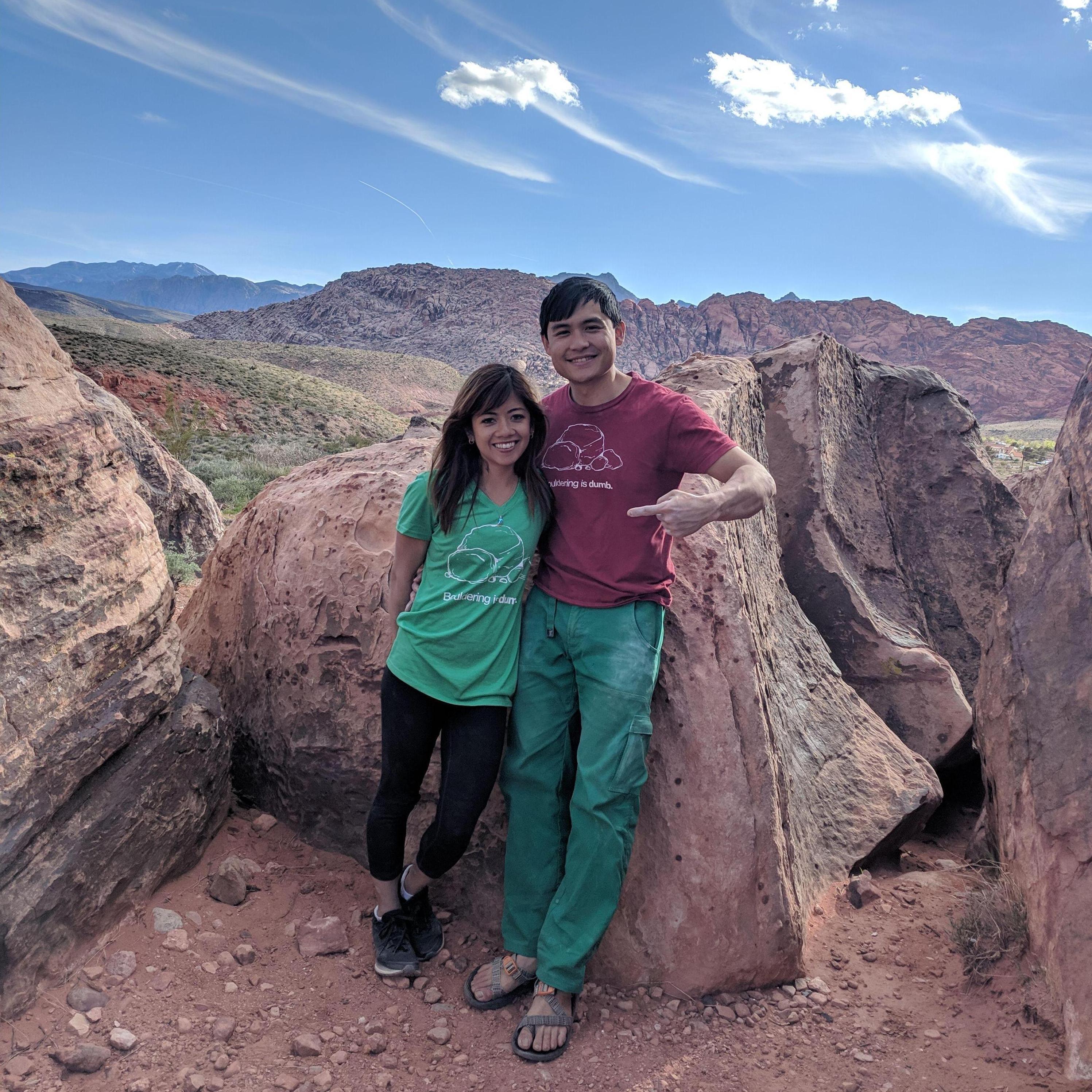 Wearing our matching "Bouldering is dumb" shirts ;) This red shirt is the first shirt Amira ever saw Teddy in and yes, Amira thought it was hilarious ^^;