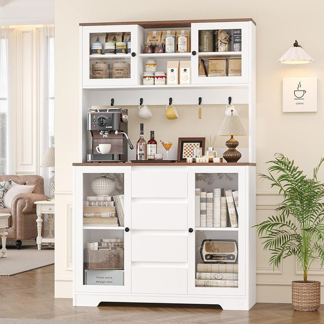HIFIT 71" Tall Coffee Bar Cabinet with Storage and Large Countertop, Kitchen Hutch with 4 Drawers & 5 Metal Hooks & 4 Doors & Microwave Stand, White Kitchen Pantry Cabinet for Dining Room