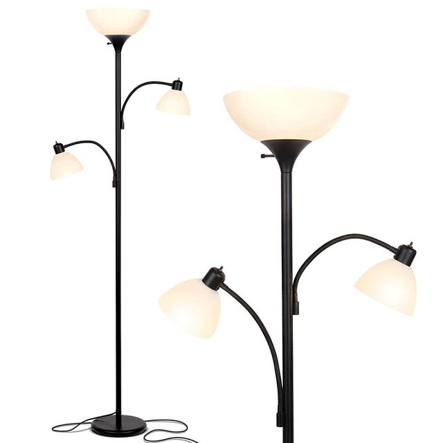 Brightech – Sky Dome Double – Dimmable Tall Pole LED Floor Lamp with Two Reading Arms – Modern Standing Torchiere Light for Living Room, Bedroom, Office, Dorm Room, Den – Black