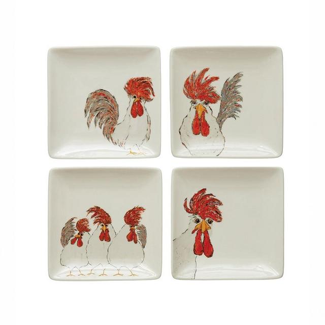 Creative Co-Op Stoneware Chicken, Set of 4 Styles Plate Set, 5"L x 5"W x 1"H, White