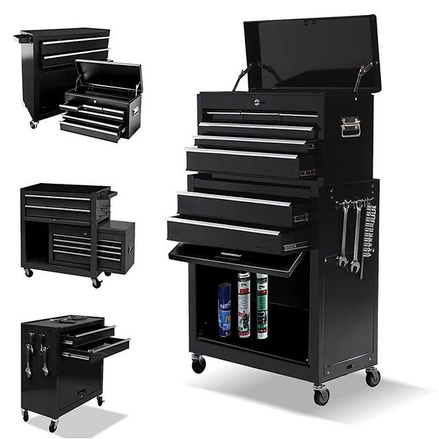 DUSACOM 8-Drawer High Capacity Rolling Tool Chest, Removable Cabinet Storage Tool Box with Wheels and Drawers, Detachable Toolbox with Lock for Workshop Mechanics Garage (Black)
