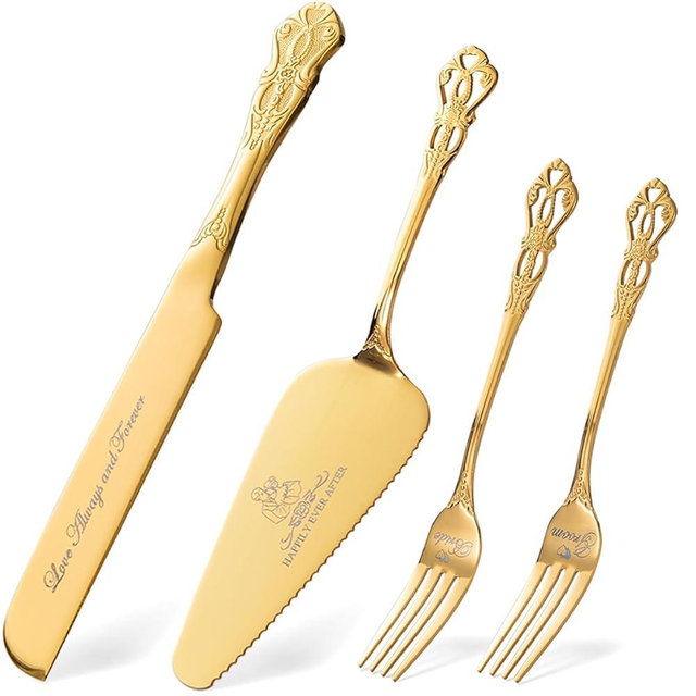 Wedding Cake Knife and Server Set, Gold Cake Cutting Set for Wedding, 4 Pieces Mr and Mrs Gifts Set with Forks for Engagements, Anniversaries