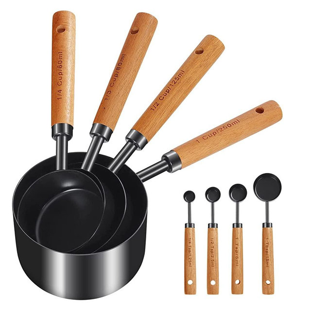 GuDoQi Measuring Cups and Spoons Set of 8, Wood Handle with Metric and US Measurements, Premium Stainless Steel, Black Polished Finish, Dry & Liquid Measuring Cup, for Cooking and Baking