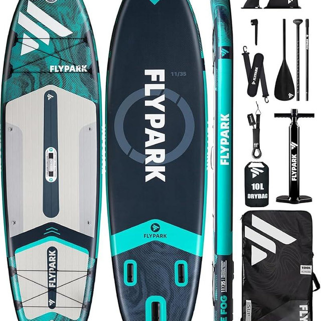 Flypark 10'8/11'x35'' Fishing&Family Stable Inflatable Paddle Boards, Extra Wide SUP Paddleboard Inflatable, 430lb/3 People, Stand Up Paddle Board for Adults, Camera Mount, Shoulder Strap, Rod Holder