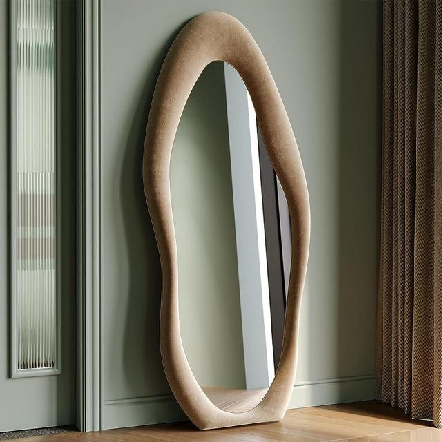 Honyee Full Length Mirror, 63" x 24" Wall Mirror, Flannel Wrapped Wooden Frame Full Body Mirror, Irregular Wavy Mirror Hanging or Leaning Against Wall for Cloakroom/Bedroom/Living Room, Milk Tea