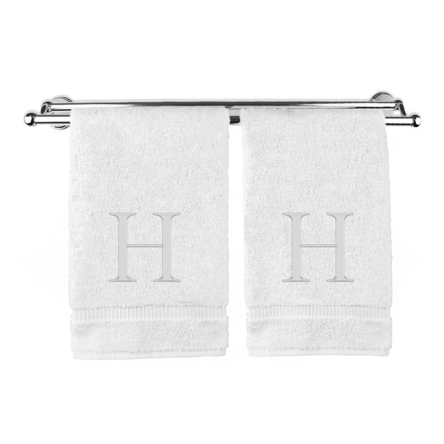 BC BARE COTTON Monogrammed Hand Towel, 100% Turkish Cotton - Set of 2 - White - Silver Block - H