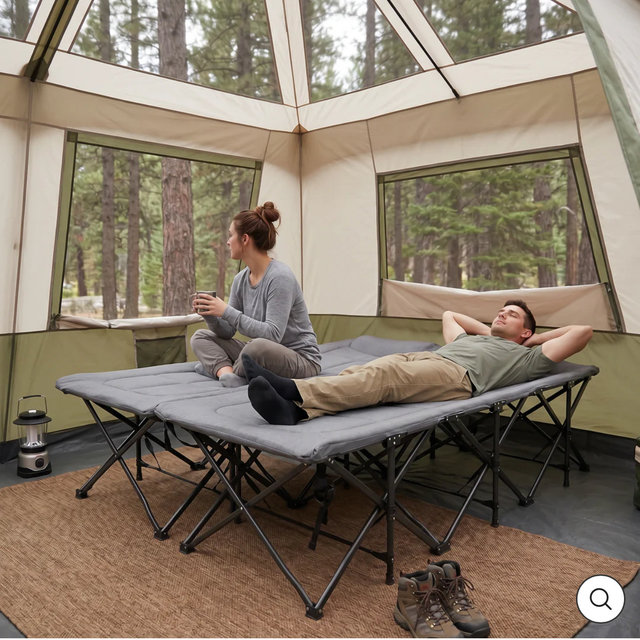 2-in-1 Double Camping Cot with Mattress, 59" Extra Wide Folding Bed for 2 People