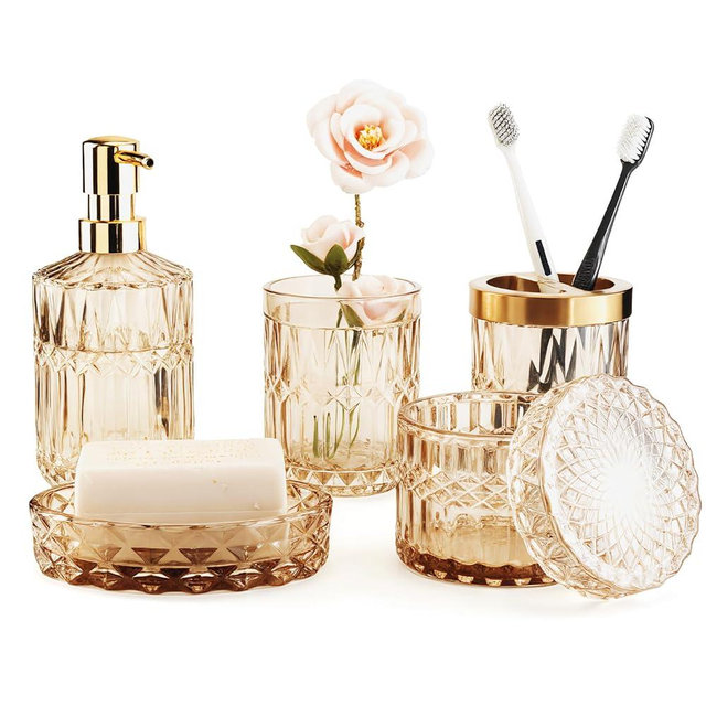 Bathroom Accessory Set 5 Pcs, Glass Bathroom Set Include Soap Dish, Toothbrush Holder, Mousewash Cup, Soap Dispenser, Cotton Swab Jar, Amber