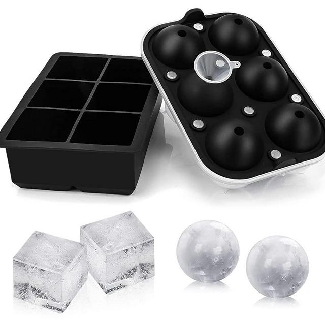 Ticent Ice Cube Trays Ice-Ball-Molds (Set of 2) - Silicone Sphere Ice Ball Maker with Lid & Large Square Molds for Whiskey, Cocktail & Brandy