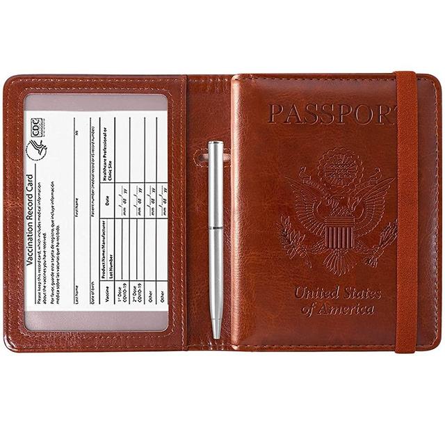 ACdream Passport and Vaccine Card Holder Combo, Cover Case with CDC Vaccination Card Slot, Leather Travel Documents Organizer Protector, with RFID Blocking, for Women/Men, Brown