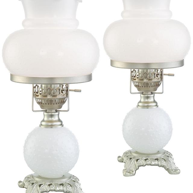 Regency Hill Traditional Vintage Hurricane Accent Table Lamps 16" High Set of 2 Brushed Nickel White Glass Shade Bedroom Bedside